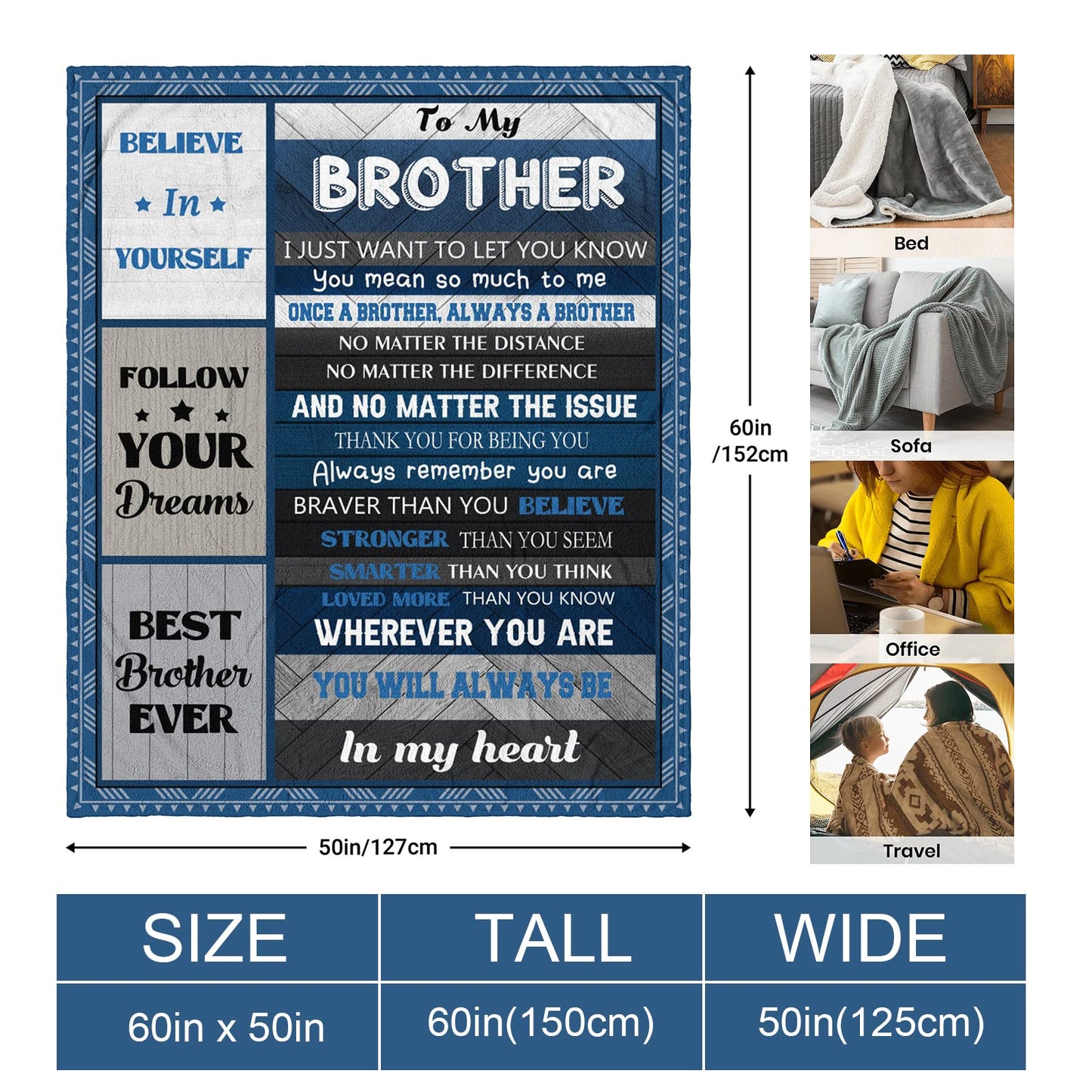 Quilazy Gifts for Brother, Best Brothers Birthday Gifts from Sister, Big Brother Gift for Boy, Cool Christmas Fathers/Valentines Day Graduation Birthday Gift for Adult Brothers Men Blanket 60"X 50"