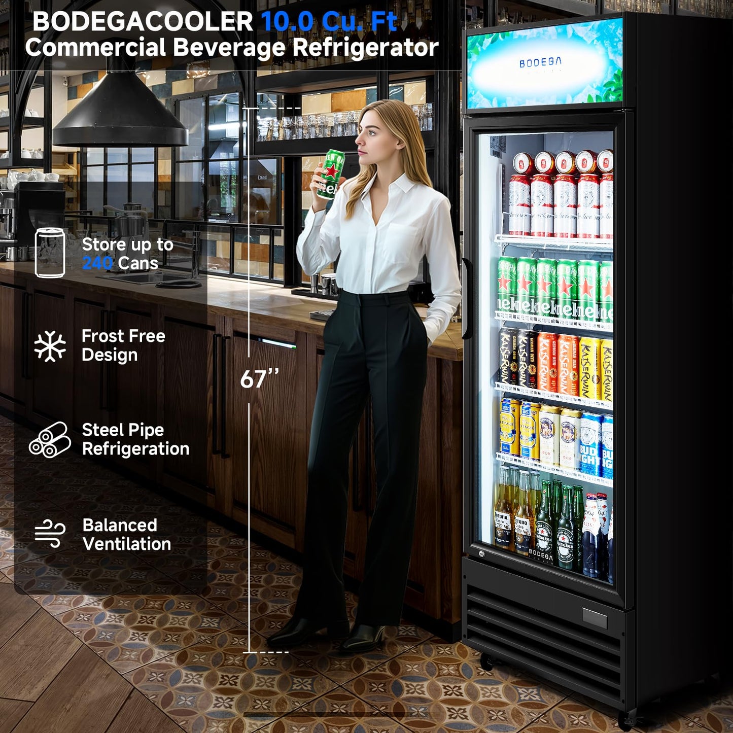 BODEGACOOLER Beverage Refrigerator and Cooler, 10.0 Cu. Ft Commercial Refrigerators For Man Cave, Display Refrigerator with Soft LED Light. 4 Shelves Merchandiser Refrigerators as Black Bar Cooler.