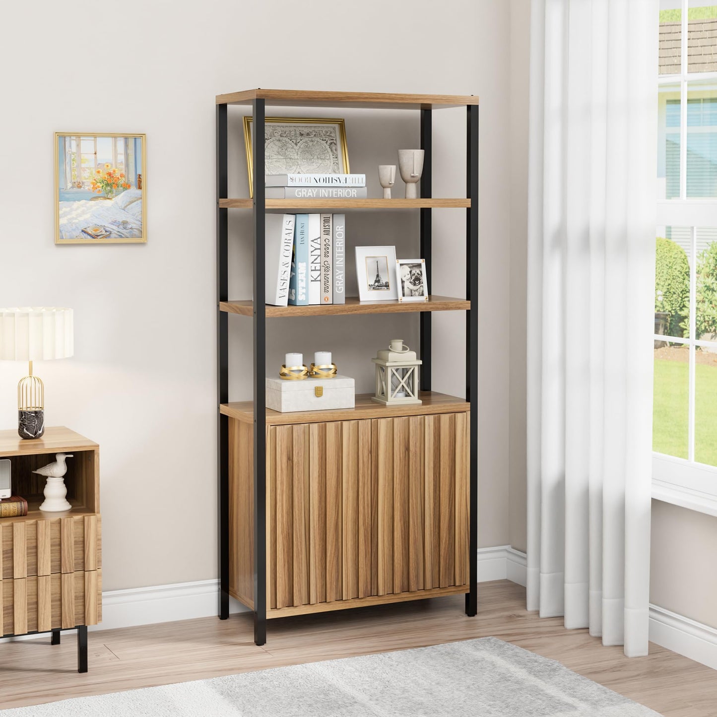 UEV 5 Tier Wood Boho Bookshelf with Storage Door,Fluted 71 in Tall Bookshelf with Metal Stand,Mid Century Modern Large Accent Bookcase for Living Room,Bed Room (Wood, 1 Piece)