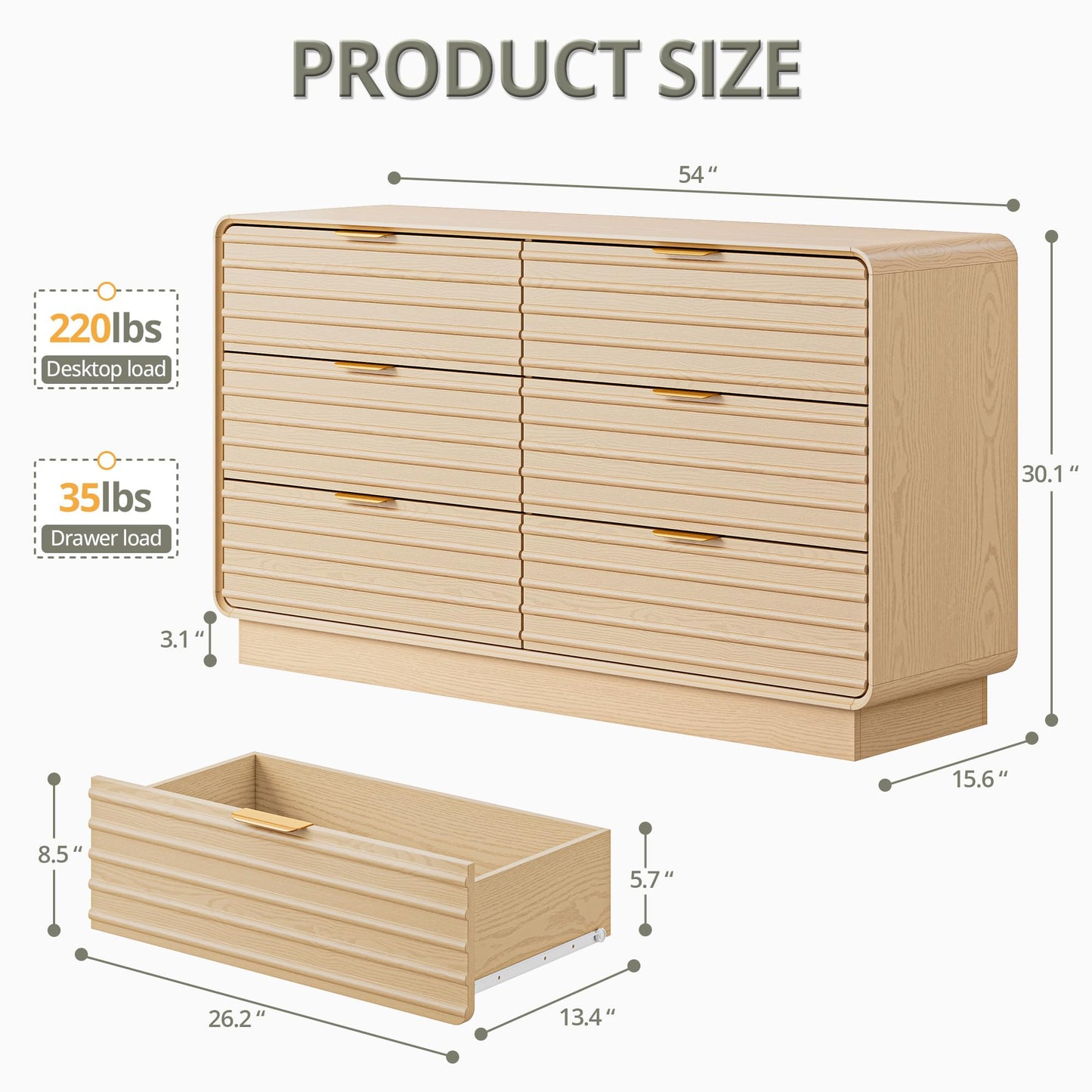 IRONCK 3 Pieces Dresser Bedroom Set, 6 Drawer Dresser and Nightstand Sets of 2 with Charging Station, Fluted Wood Chest of Drawers Wide Storage Cabinet Set, Natural