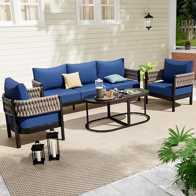 RTDTD Aluminum Patio Furniture Set,5 Pieces HDPE Rope Patio Conversation Sets with Modular Coffee Table,Metal Outdoor Sectional Furniture w/5.9" Thick Cushions for Porch,Deck,Backyard,Navy Blue