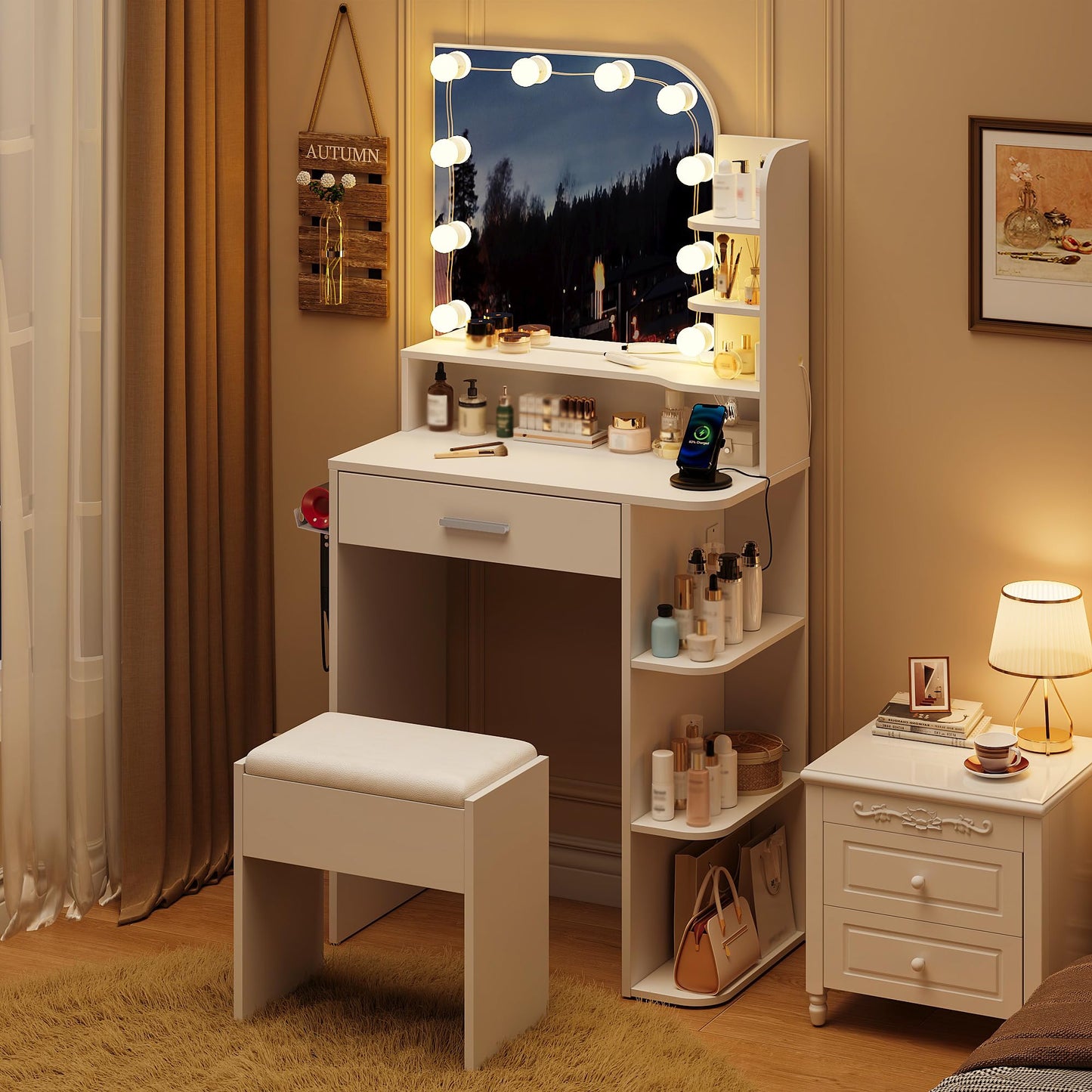 Small Makeup Vanity Desk with Mirror and Lights, 26.4" Small Vanity for Small Space with Stool and Charging Station, Compact Vanity with 3 Color Lighting Modes (White)