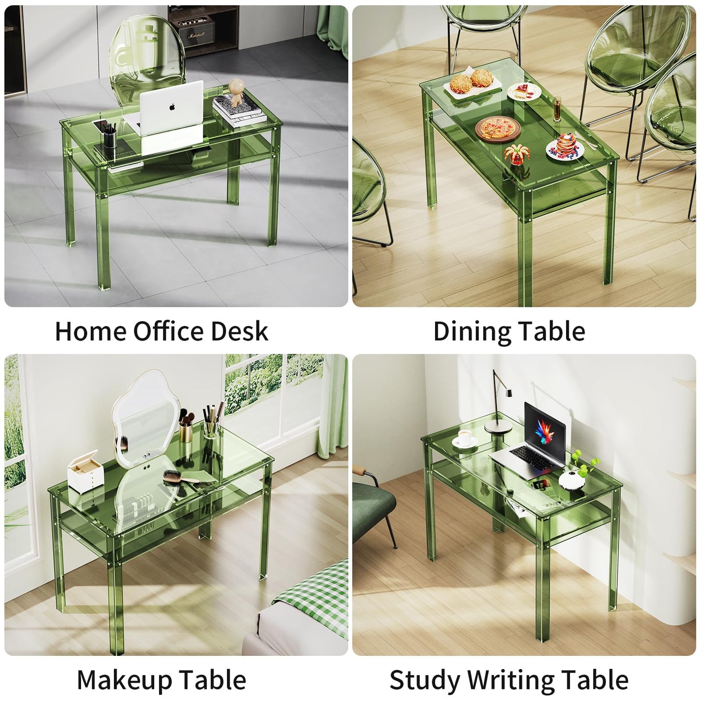solaround Clear Acrylic Desk with Open Storage, Home Office Computer Writing Desk Office Study Table (Green, 39.4'' x 19.7'' x 29.5'')