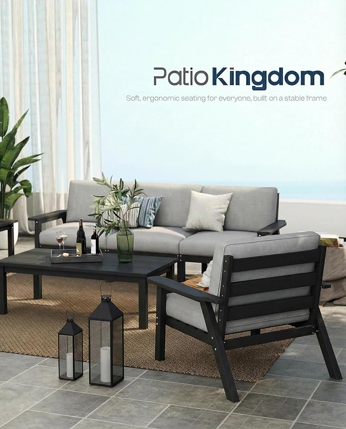 Patio Kingdom Patio Furniture Set 2 Seats, HDPE Outdoor Sectional with Gray Washable Thick Cushions, Coffee Table, Patio Conversation Sets for Lawn, Garden, Porch, Balcony, Deck (Black Frame)