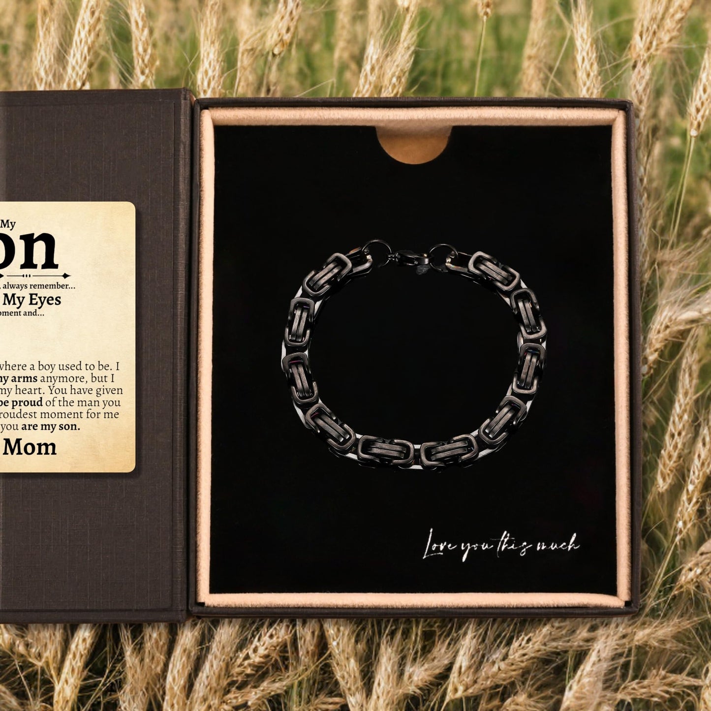 Love You This Much Sentimental Son Gift from Mom | Mens 5mm Twist Steel Bracelet | Mother to Son Present for Birthday | 8"+1" Extender | Luxury Gift Box & Card (Black-Black, Stainless Steel)