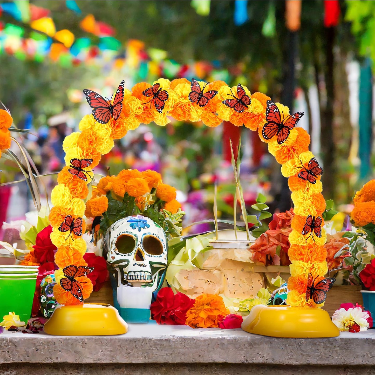 Juinte Day of The Dead Marigold Arch Kit Marigold Flowers Heads Bulk Includes 80 Silk Artificial Flowers 40 Inch Table Arch Kit with 12 Pcs 3D Butterfly for Dia De Los Muertos Indian Diwali Altar DIY