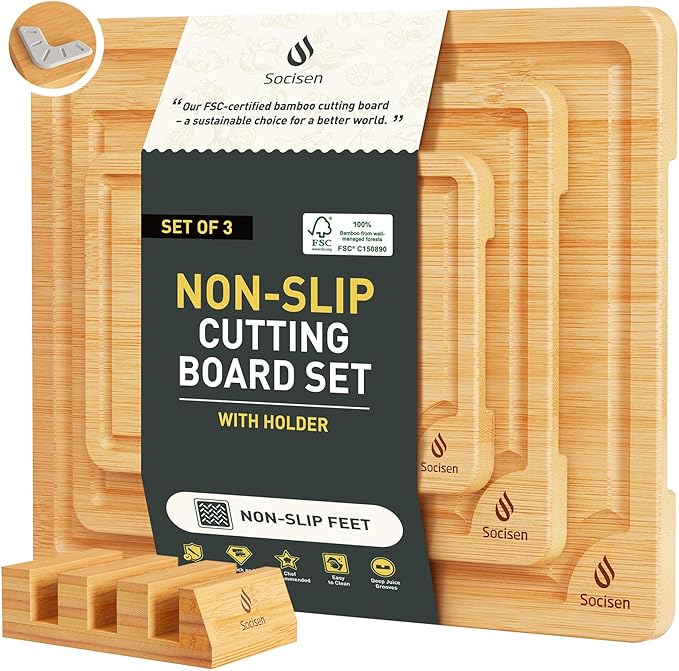 Bamboo Cutting Board Set Non Slip Feet with Holder Over Sink Kitchen Gadgets Seller 2025 First Apartment Must Haves Things...
