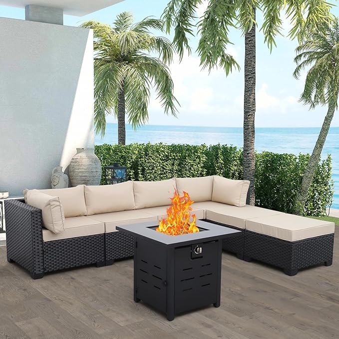 Lviden 7 Pieces Outdoor PE Wicker Furniture Set Patio Rattan Sectional Conversation Sofa Set with Khaki Cushions and Fire Pit Table