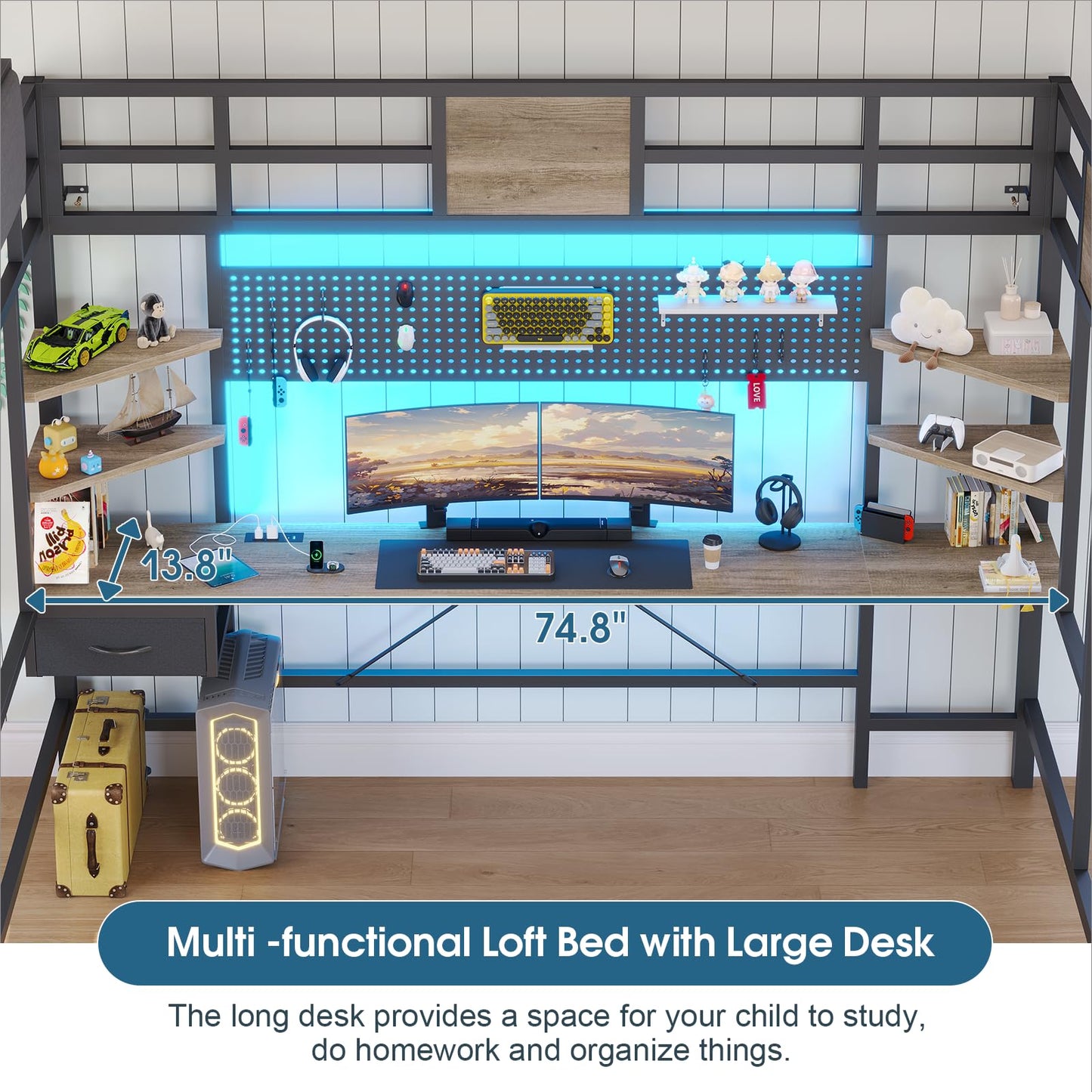 Loft Bed with Desk, Twin Bunk Bed with Desk Underneath,Loft Bed with Stairs,LED Lights and Charging Station,Safety Guard & Ladder & Fabric Drawer, loft Bed Twin Size No Box Spring Needed, Oak Gray