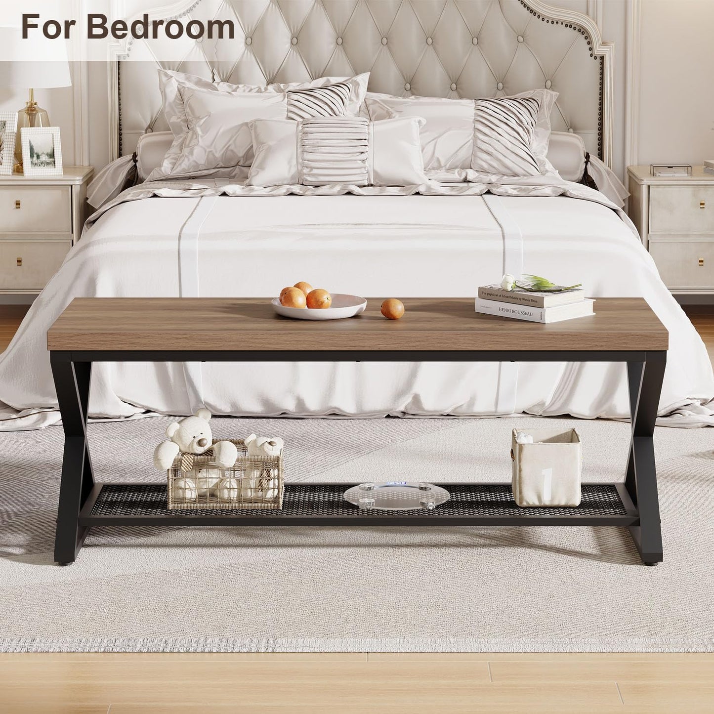 LVB Entryway Bench, Indoor Shoe Bench with Storage and Seating, Wood Metal Storage Bench for Bedroom Living Room, Farmhouse Shoe Rack Bench for Sitting in Hallway Foyer Entrance, Rustic Oak, 47 inch