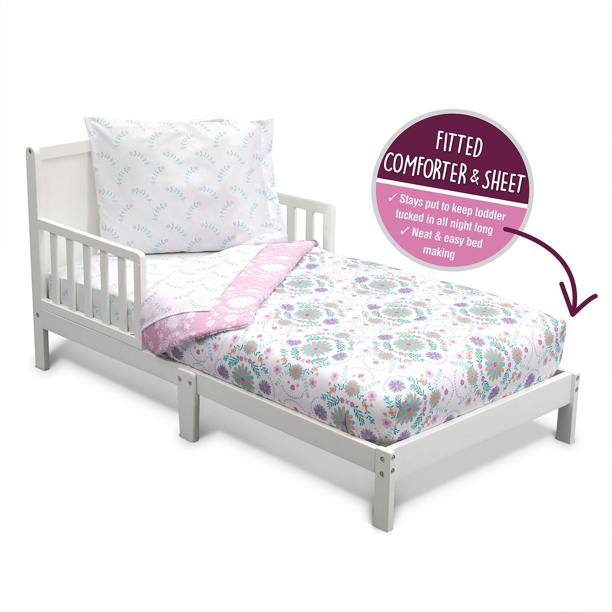 Delta Children 4 Piece Toddler Bedding Set for Girls - Reversible 2-in-1 Comforter - Includes Fitted Comforter to Keep Little Ones Snug, Bottom Sheet, Top Sheet, Pillow Case - Pink Bohemian