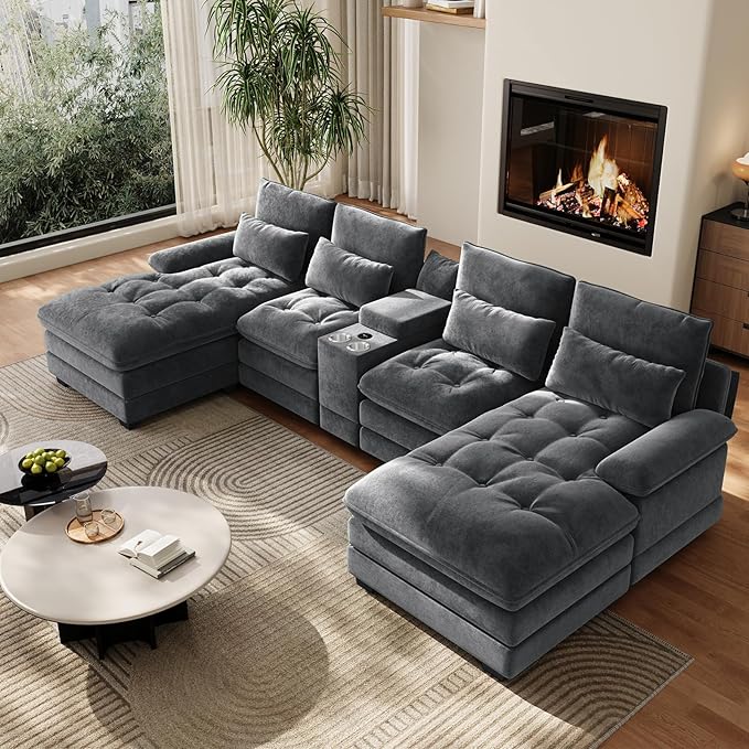 BEQAI 134" U Shaped Sectional Couches for Living Room,Modern Chenille 6 Seat Living Room Sofa Set with Storage Console,Oversized Modular Sectional Fluffy Couch with Tufted Buttons & Chaise Lounge,Grey