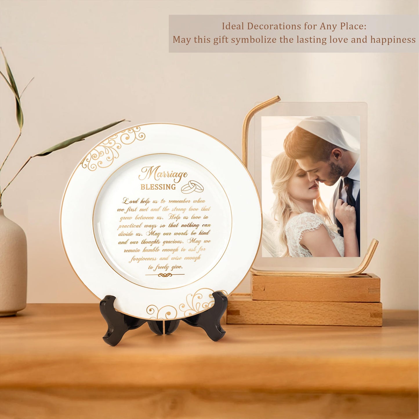 Urllinz Anniversary Wedding Gifts for Couples 2025 - Marriage Blessing Plate with 24k Gold Foil Decorations, Engagement Bridal Shower Birthday Gifts for Wife Husband, Ceramic 9"