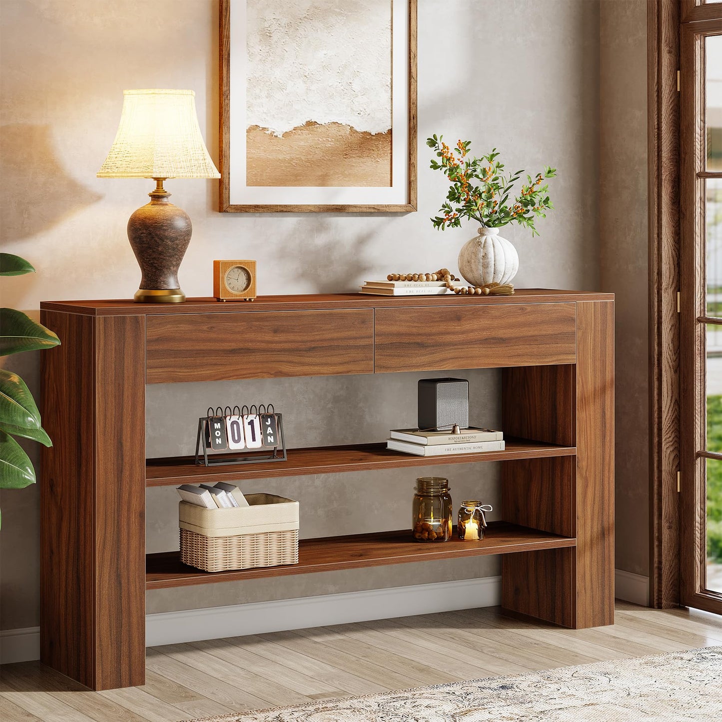 Tribesigns 53.15-Inch Console Table with 2 Drawers, 3-Tier Entryway Table with Storage for Living Room, Sofa Console Behind The Couch for Foyer, Hallway, Entrance (Dark Walnut)