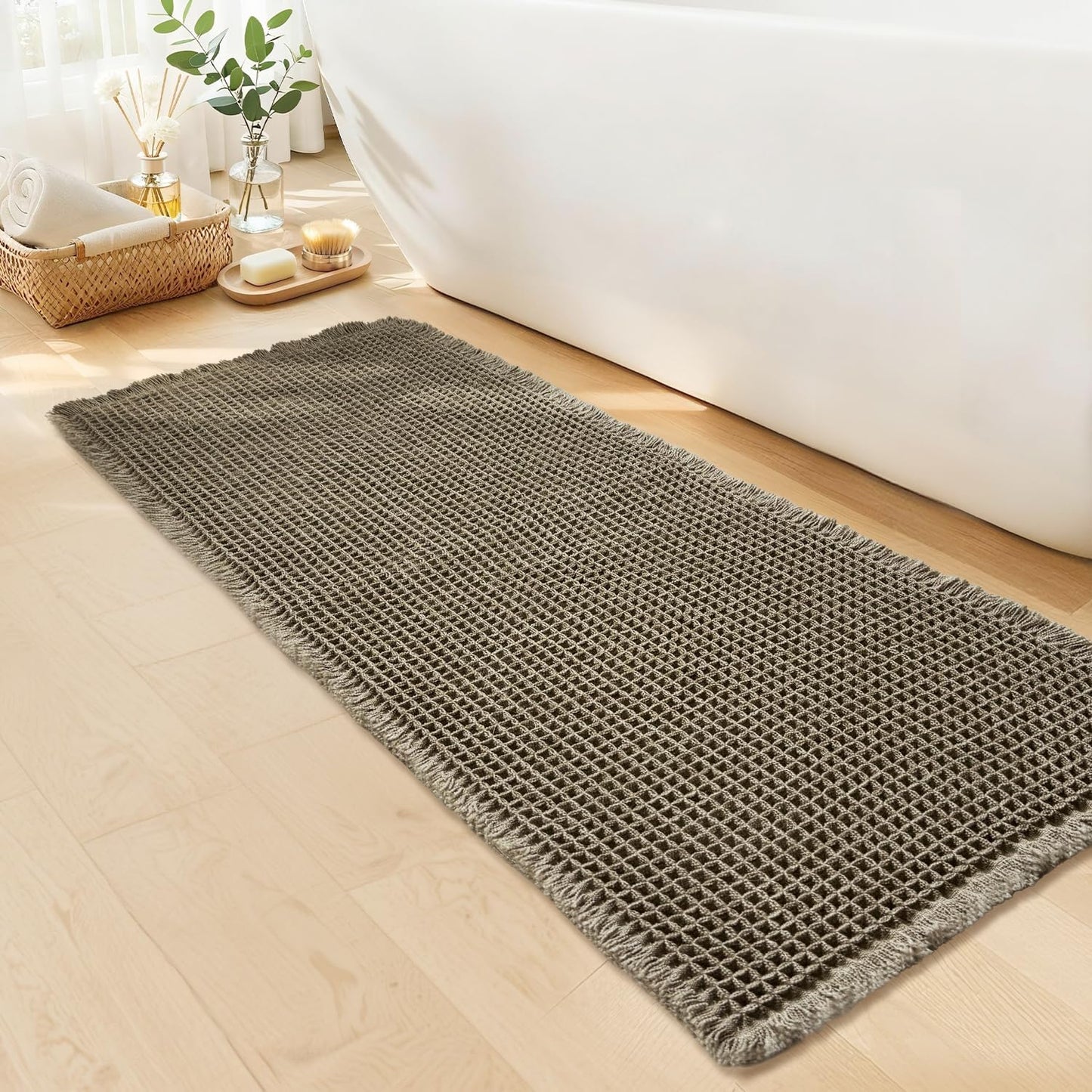 Waffle Bath Mat - Boho Bathroom Rugs Non Slip Washable, Super Absorbent & Quick Dry, Soft Bath Mat Farmhouse Bathroom Decor, 24'' x 48'', Olive Green