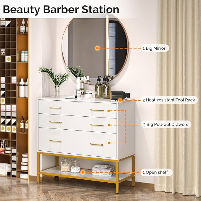 OmySalon Salon Stations for Hair Stylist, Barber Station with Mirror, 3 Drawers, Shelf & Tool Holders, Hair Storage Cabinet Organizer Table for Beauty Spa, Bedroom, White