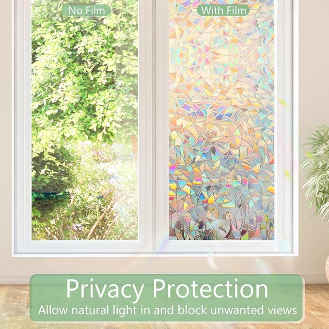 HIDBEA Window Privacy Film Static Clings, Rainbow Window Film, 3D Decals Non-Adhesive Window Vinyl Film for Home Door, 17.3 Inch x 13.1 Feet
