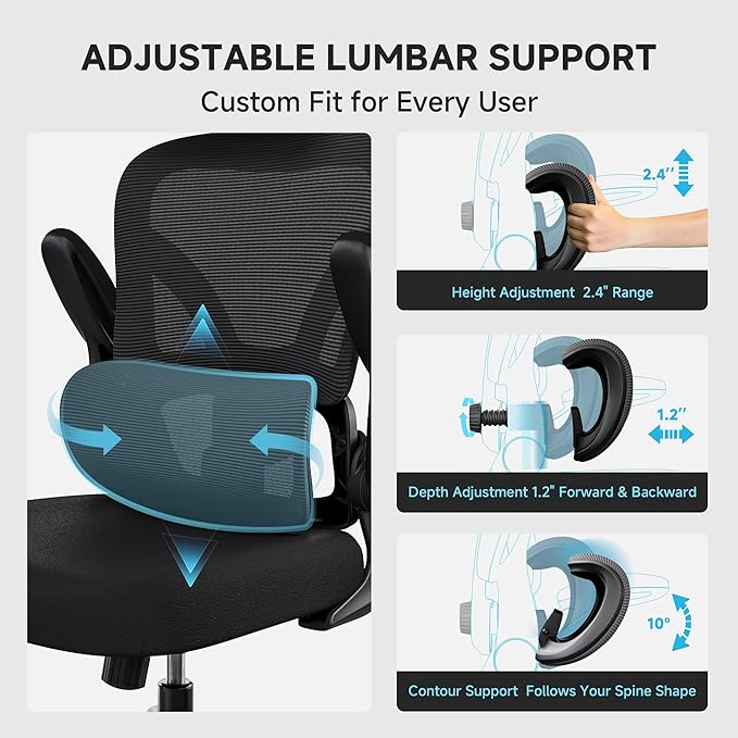 PKPT Mesh Office Chair, 330LBS Ergonomic Desk Chair with Adjustable Lumbar Support, Executive Computer Chairs for Home Office, Black