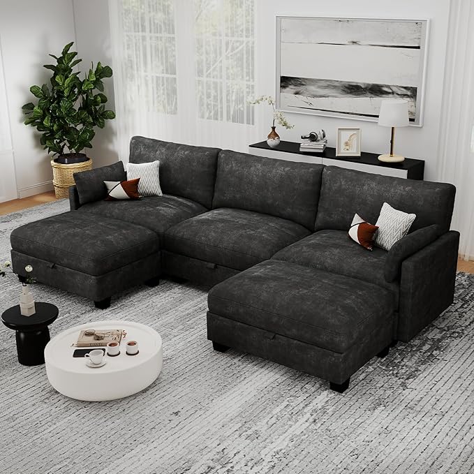 OhaiAura Modular Sectional U Shaped Sofa Couches for Living Room, Cloud Couch with Storage Ottoman, Comfy Chenille Sofa with Pillow, Black