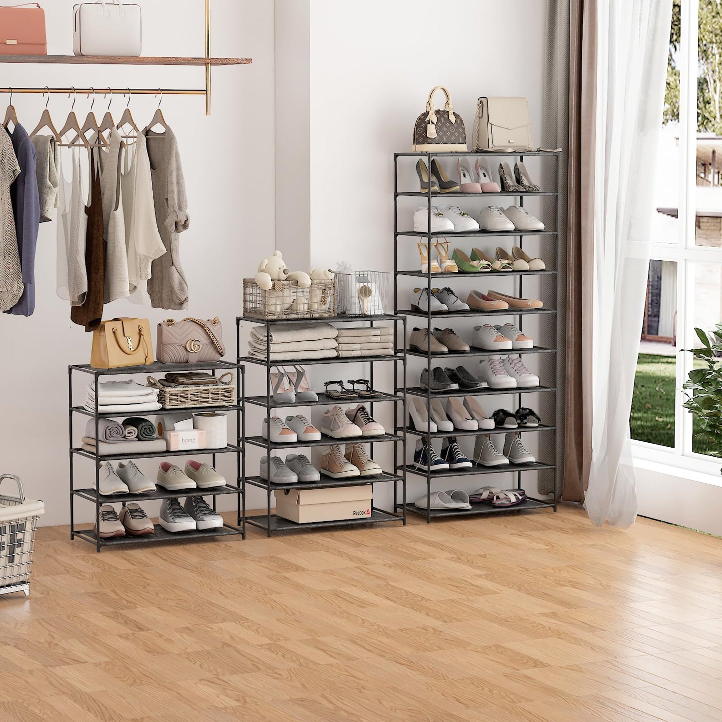 Rumiiro 10 Tier Free Standing Shoe Rack, Cloth Assembled Adjustable Shoe Shelf Organizer, Simple Changeable Assembly Storage Shelf Rack for Home, Bedroom, Entryway (24.5'' L x 12'' W x 60'' H)