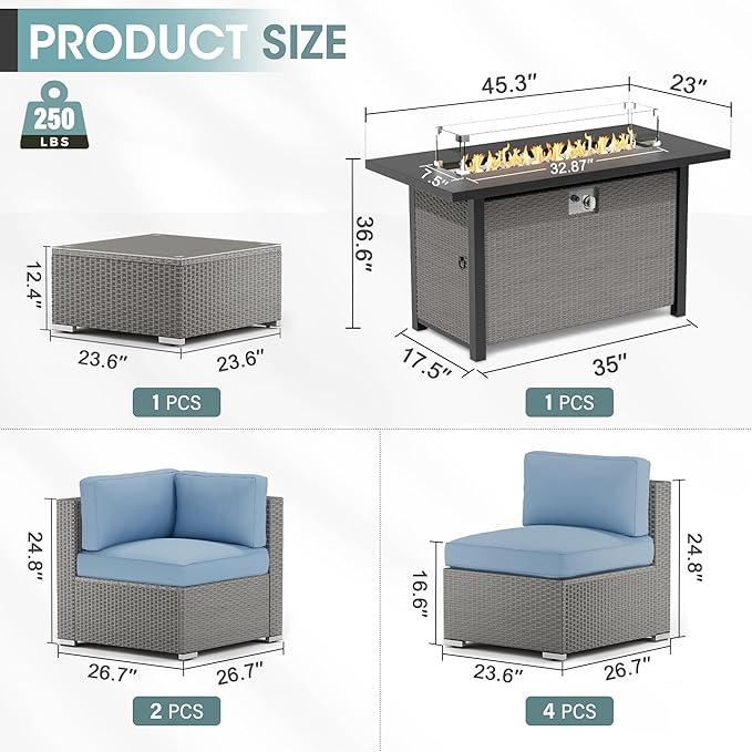 Crownland 8-Piece Outdoor Patio Furniture Sets with 45” Propane Gas Fire Pit Table, All-Weather Grey Wicker Rattan Sectional Sofa with Coffee Table(Light Blue)
