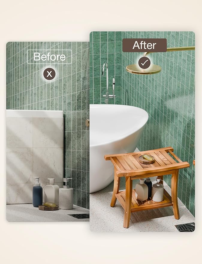 Tinamo 22" Teak L Shower Bench Seat for Inside Shower - 400Lbs Capacity - Wooden Shower Bench with Shelf - Bathroom Bench and Teak Shower Stool for Spa and Bath - Wood Bench for Relaxing Bath