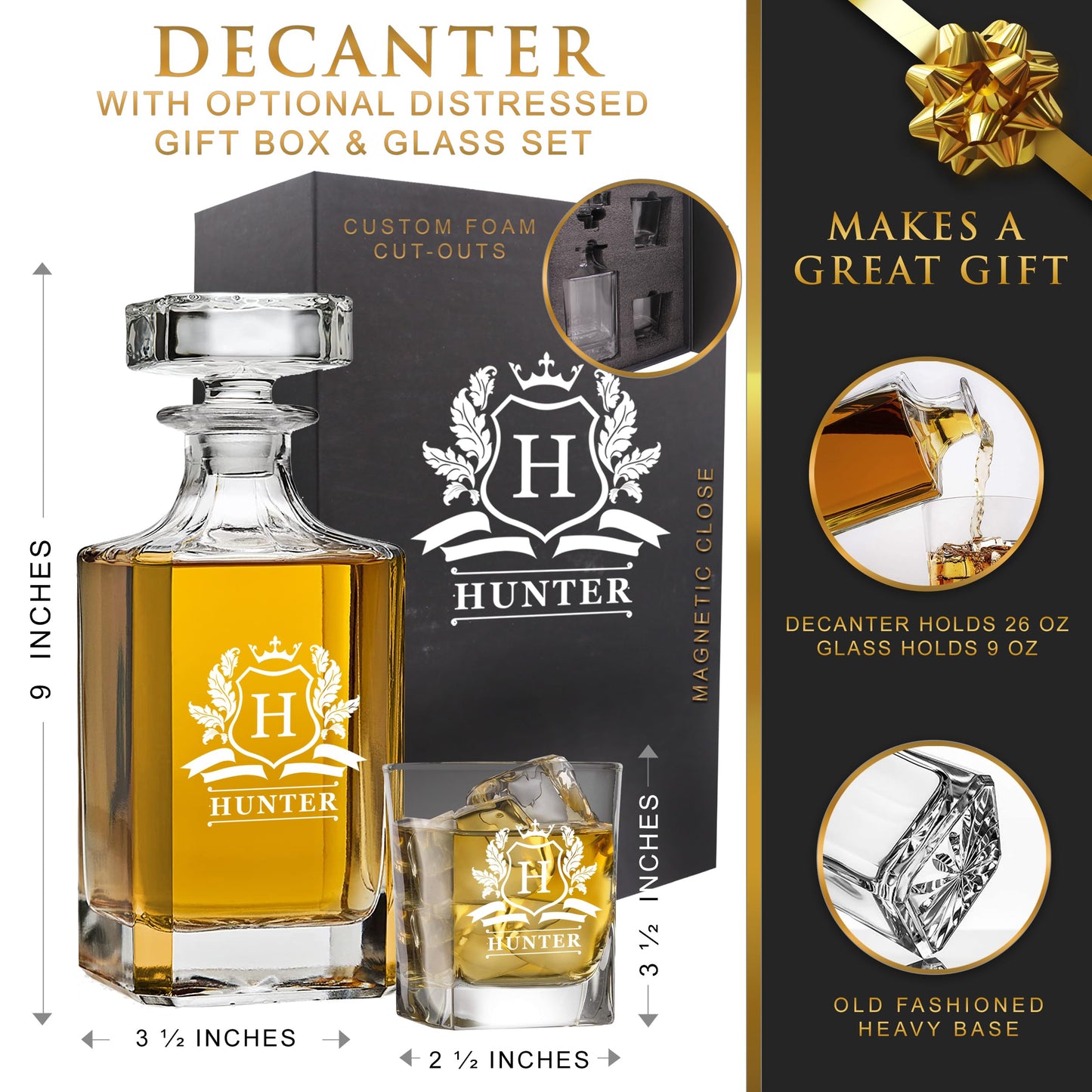 The Wedding Party Store, Personalized Whiskey Decanter and Glasses Set - Custom Monogrammed with Cavalier Design