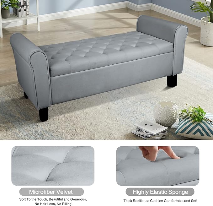 Babion Storage Bench for Bedroom End of Bed, Button Tufted Storage Ottoman Bench 51 Inch, End of Bed Storage Bench with Upholstered, Rolled Arm Window Bench Seat with Solid Wood Legs, Dark Grey