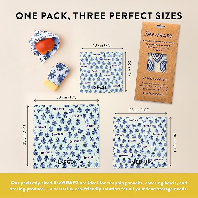 BeeWRAPZ Reusable Beeswax Wraps for Food | Eco Friendly & Organic | Eco-Friendly & Plastic-Free Food Storage | Biodegradable |Pack of 3 Beeswax Food Wraps for Wrapping Fruits & Vegetables (Blue)