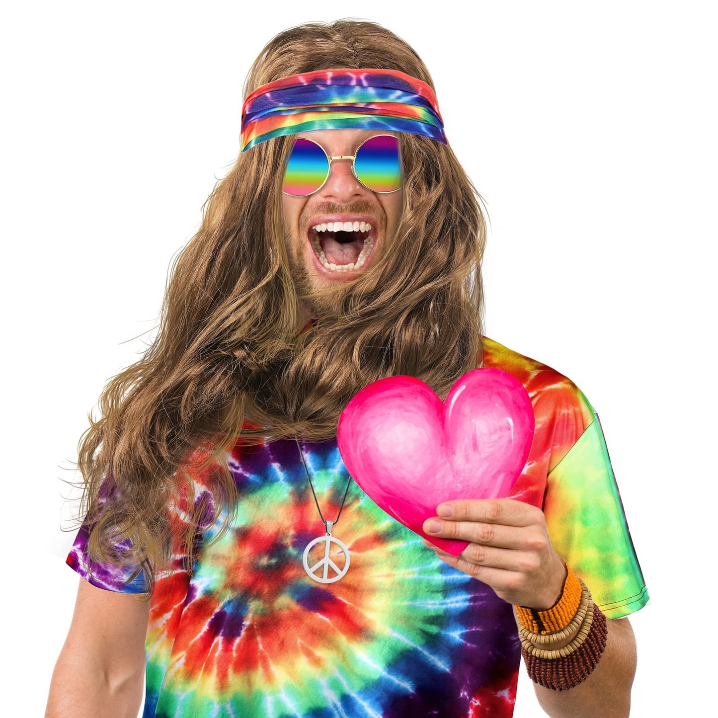 Norme 5 Pieces Mardi Carnival Hippie Costume for Men Women 70s Tie Dye T-Shirt Peace Sign Necklace Headband Wig Sunglass(Modern, X-Large)