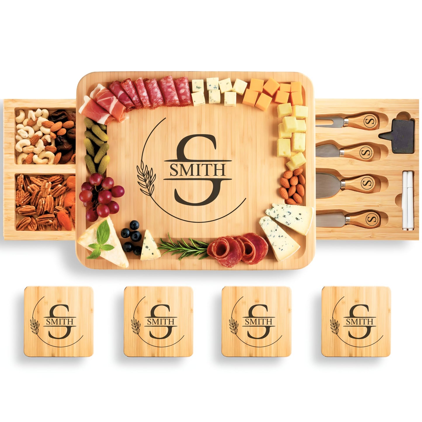 Personalized Bamboo Charcuterie Board Set with Accessories – Large Serving Tray with Knives & Smooth Surface for Cutting or Serving, Present for Wedding, Christmas, Anniversary, Housewarming Gift