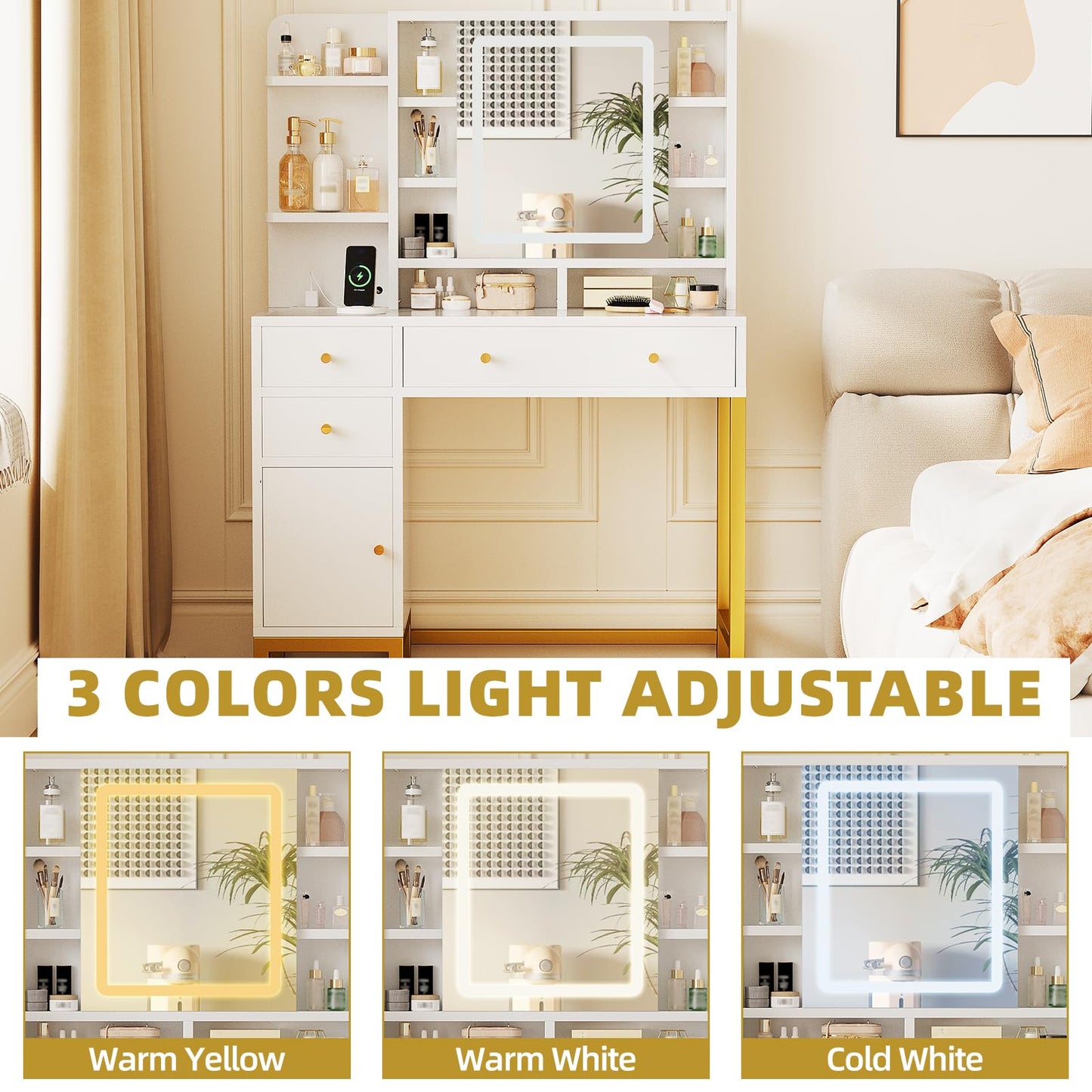 PeacefulHues White Vanity Desk with Mirror and Lights, Makeup Desk Dressing Table with LED Lighted Mirror & Power Outlet,3 Lighting Color for Bedroom