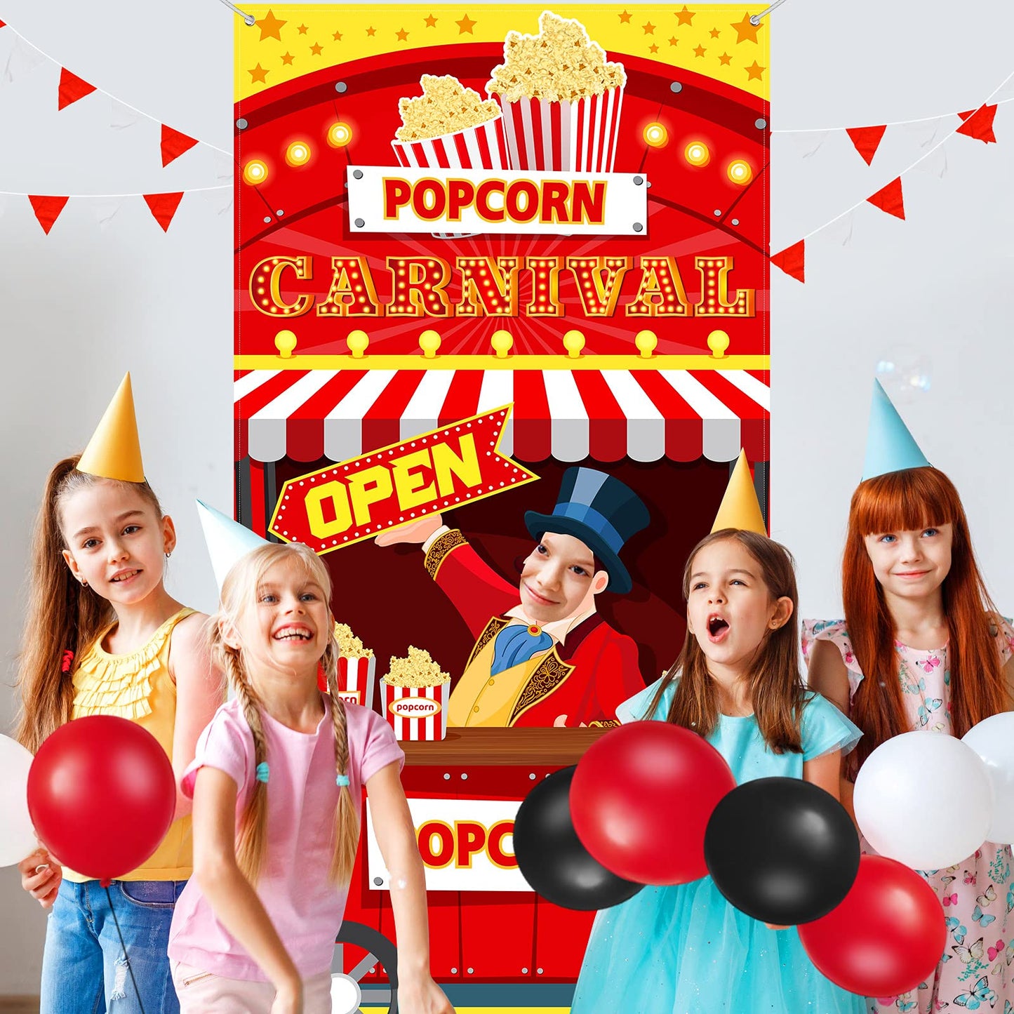 Carnival Circus Theme Party Decorations Carnival Popcorn Sign Large Photo Door Banner Ticket Booth Backdrop Props Hanging for Kids Birthday Carnival Game Supplies Popcorn Circus Party Decorations
