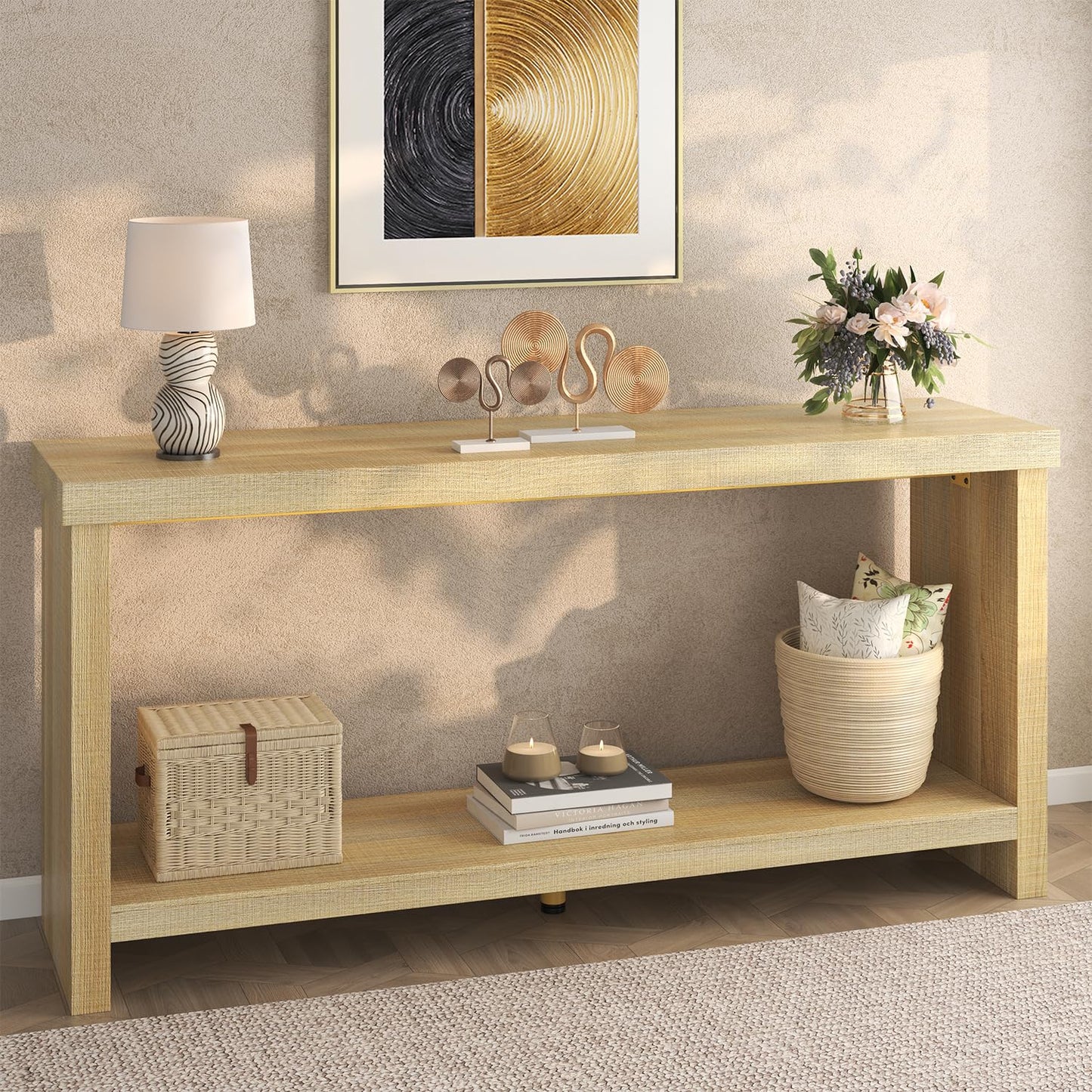 knoworld 63 Inches Narrow Console Table, 2-Tier Long Sofa Tables Behind Couch Table, Farmhouse Foyer Tables for Entryway, Hallway, Living Room, Oak Natural