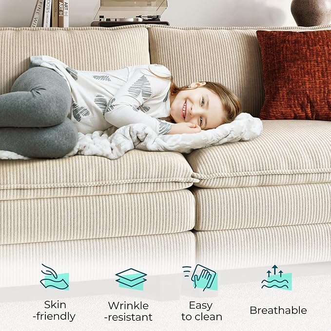LINSY HOME 123'' Modular Sectional Sofa Beige Couch Corduroy Cloud Couches for Living Room, L Shaped Couch with Movable Ottoman, Modern Cloud Sectional Sofas for Bedroom and Apartment, Beige