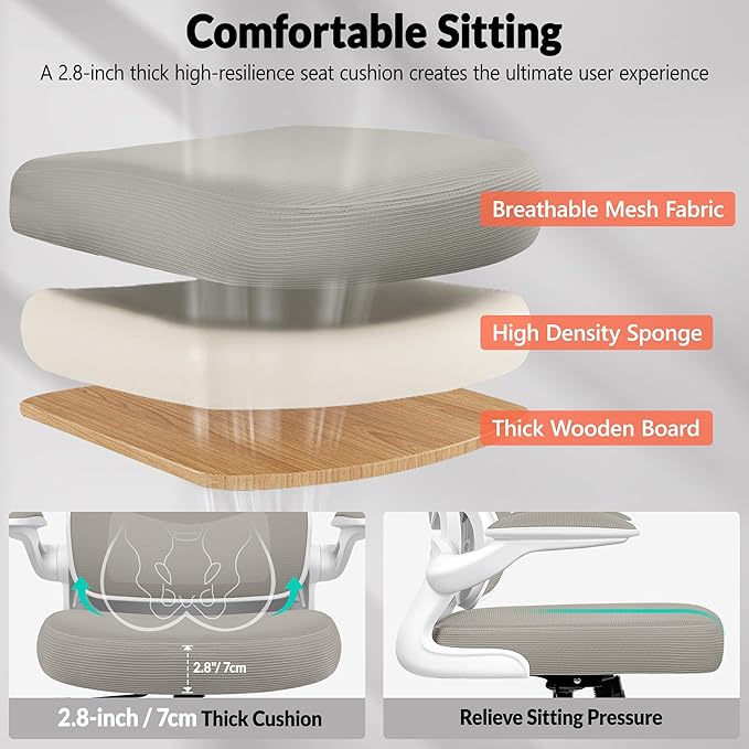 BESTFAIR Office Chair Ergonomic Desk Chair, Breathable Mesh Comfy Chair with Lumbar Support, Computer Chair, Home Desk Chair with Flip-up Armrests, Gaming Chair for Adults Home Office (LightGray)