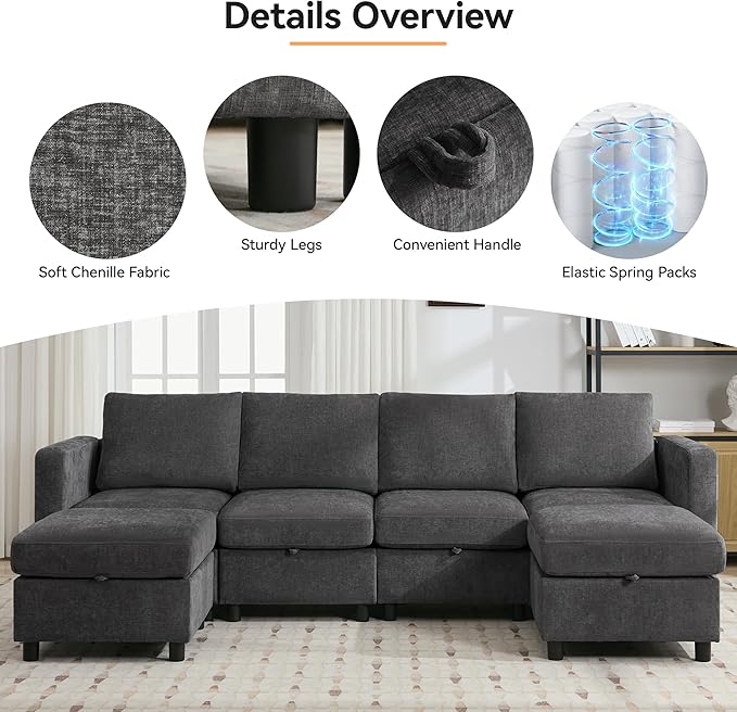 WUTUTUEE 58”Modular Sectional Loveseat Sofa, Modern Love Seat 2 Seater Sofa Couch with Storage, Chenille Modular Sectional Couch for Living Room, Bedroom, Office, Small Apartment, Dark Grey