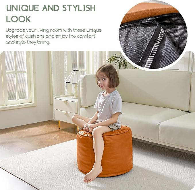 HIGOGOGO Round Stuffed Pouf Ottoman, Pu Leather Poufs with Foam Chunk Filling, Furry and Fluffy Pouf Foot Stool Storage Ottoman, 26 X 18 Floor Poufs Foot Rest for Living Room, Orange