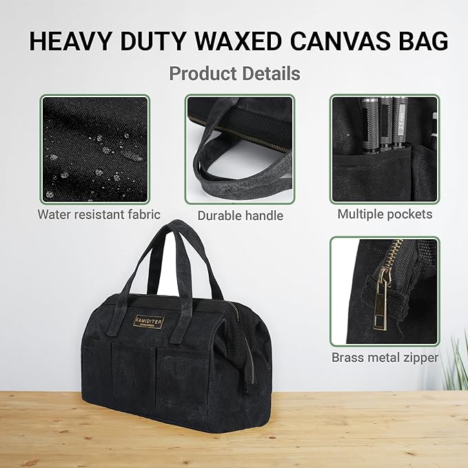 Tool Bag with Zipper, Heavy Duty 16oz Waxed Canvas Wide Mouth Tool Tote Bag, 13-inch Muti-Purpose Storage Tool Pouch with Side Pockets