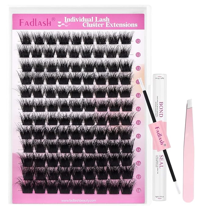 FADLASH Lash Extension Kit Lash Clusters Kit 12-18mm Eyelash Cluster Lashes Individual with Bond and Seal Lash Glue and Lash Tweezers DIY at Home (Y01-3D-12-18 Kit)