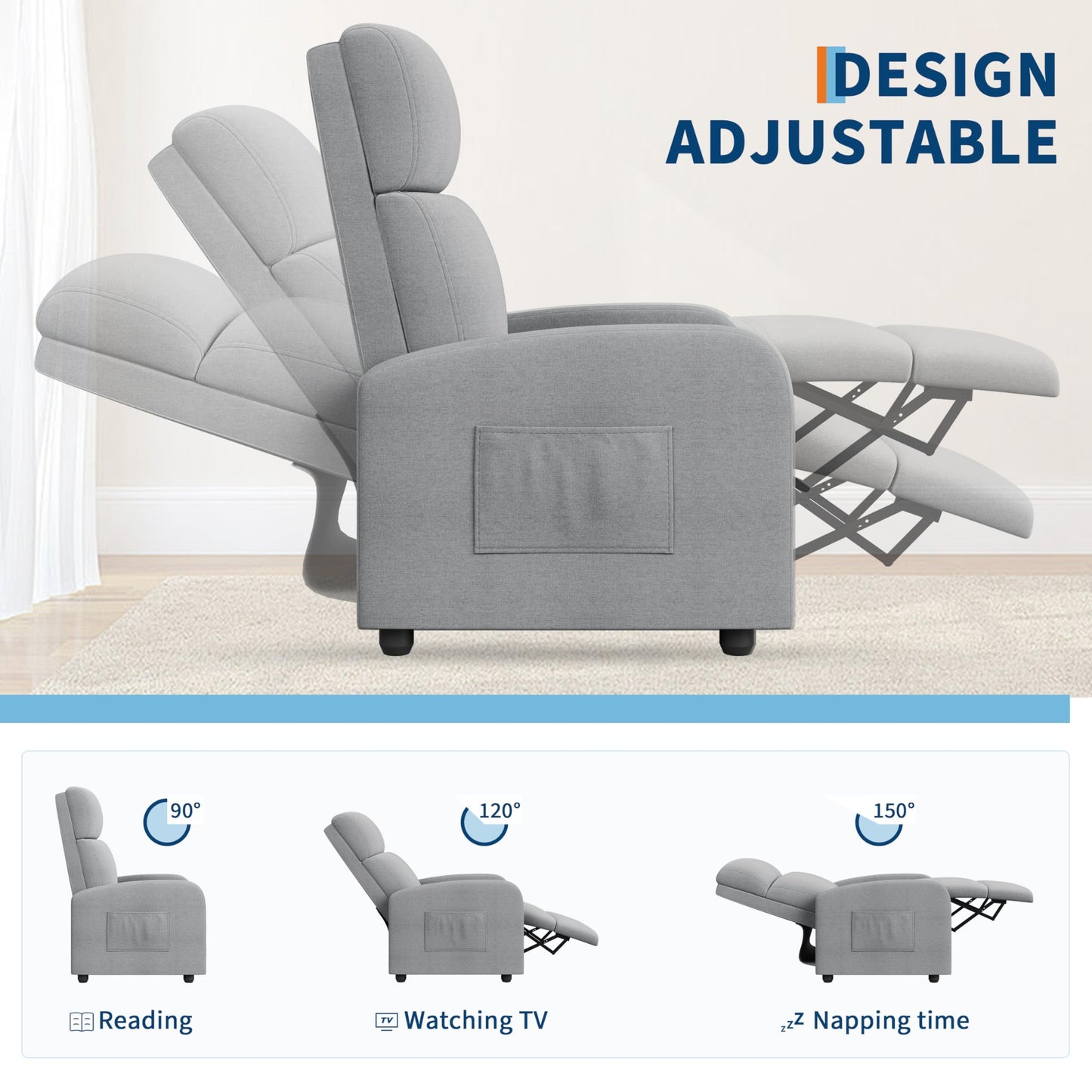 Recliner Chair for Adults, Adjustable Push Back Reclining Chair with Side Pocket, High Backrest & Thick Cushion, Padded Lounge Sofa Chair for Living Room, Home Theater & Bedroom, Light Grey