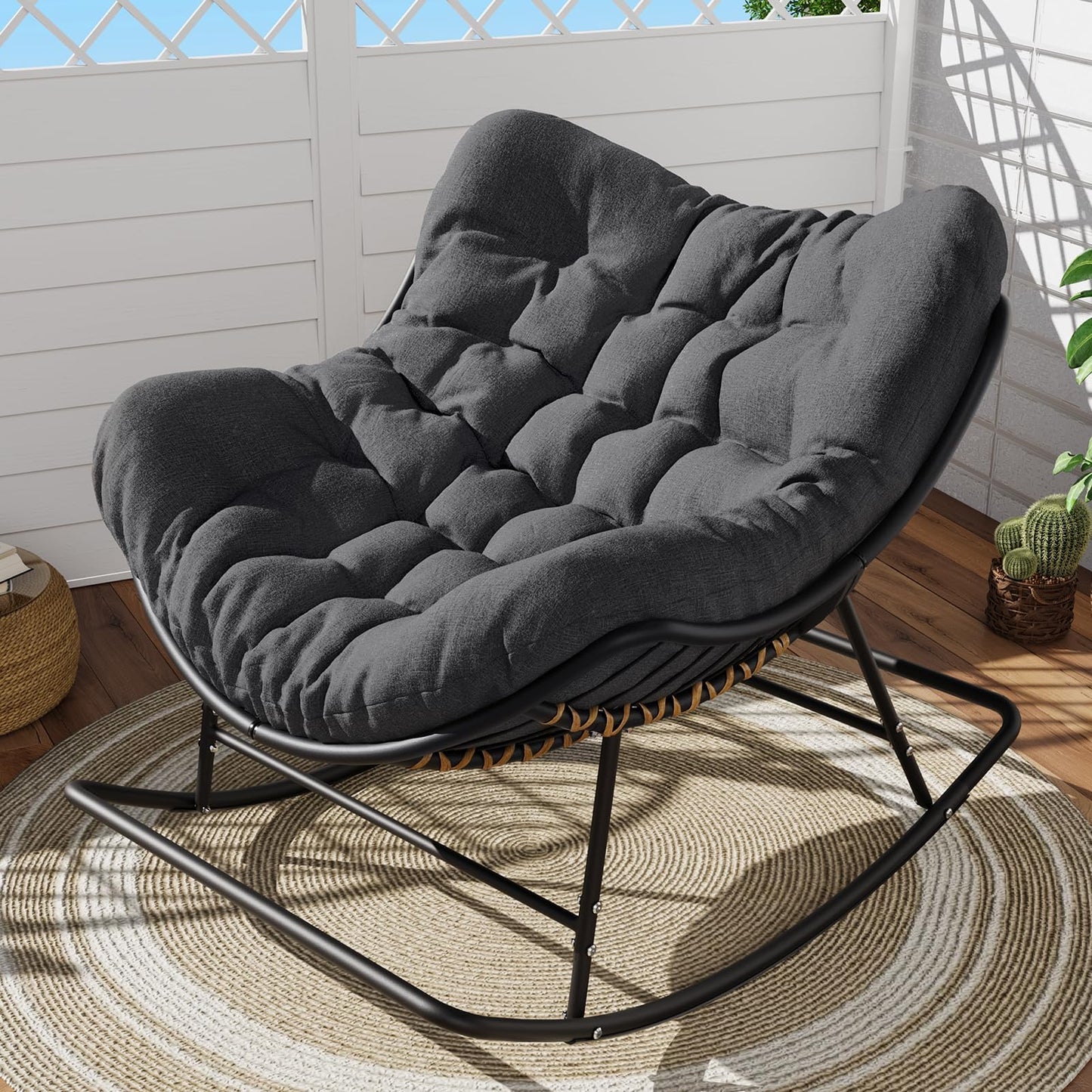 SWITTE Papasan Rocking Chair Outdoor Indoor, Oversized Egg Wicker Rocker with Cushion, Supports 450 lbs, Patio Chair for Balcony or Living Room - Dark Gray