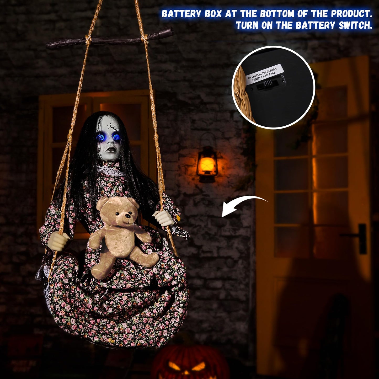 Halloween Animatronics Hanging Swinging Doll Floating Decorations with Sound & Sensor Activated, Creepy Sound, Light Up Eyes, Scary Move, Haunted House Decor Spooky Holiday Prop for Indoor, Outdoor
