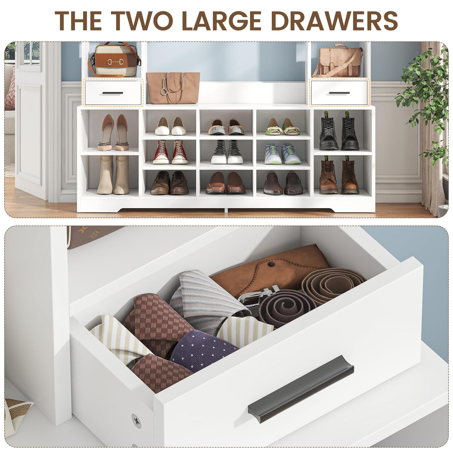 Nosepen 61.6" H White Hall Tree with Bench and Shoe Storage, 6-in-1 Multi-Functional Entryway Bench with 2 Drawers, 5 Coat Racks, Shoe Rack with 13 Shoe Cubbies, Entryway Storage Organizer, White