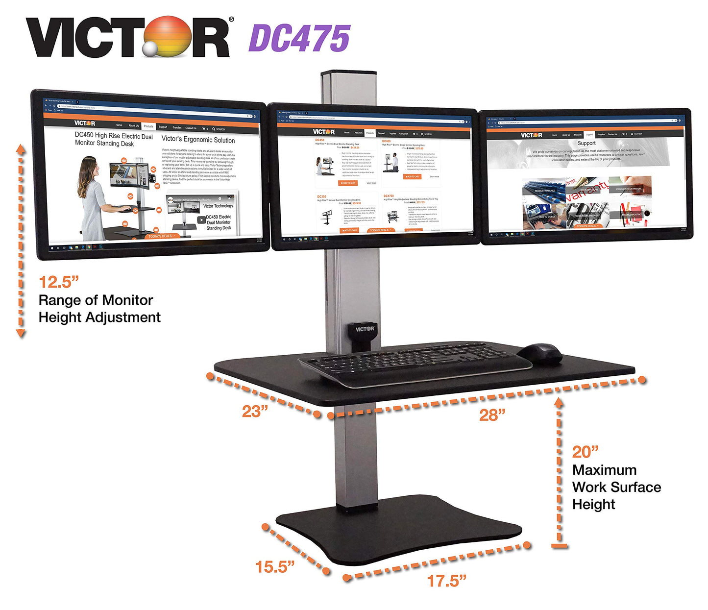 Victor DC475 High Rise Electric Triple Monitor Standing Desk Converter | Three Large Monitor Sit-Stand Desk | 28” Wide Work Surface | Compatible with Any Standard Desk | Adjustable Monitor Holder