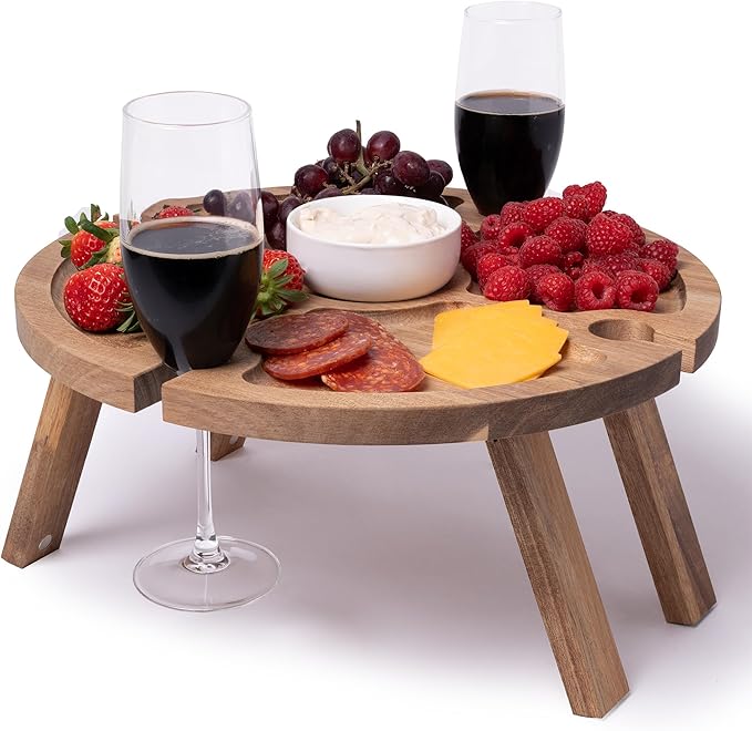 Portable Wine Picnic Table with 4 Wine Glasses Holder, Acacia Natural Wood Foldable Champagne Picnic Snack Table Tray, Per...