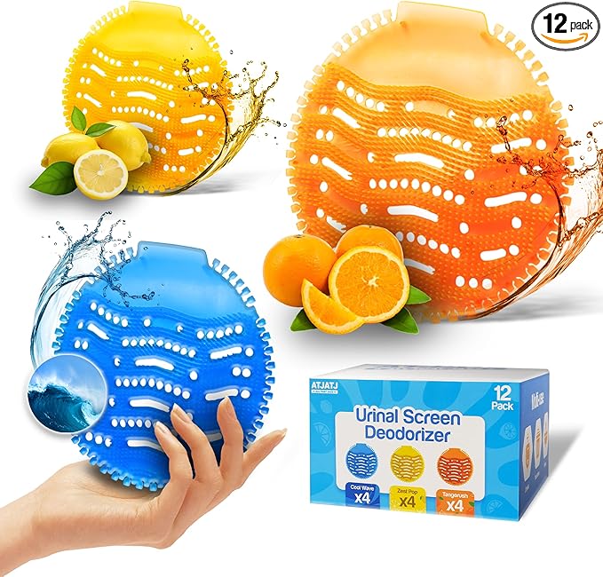 12 Packs Urinal Screen Deodorizer, 3 Fresh Scents, Ocean Breeze, Lemon, Orange, Splash Guard Odor Protection Deodorizer, Urinal Cakes, Urinal Pads Ideal for Men in School, Bathroom, Restroom, Office