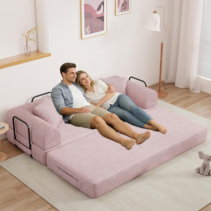 77" Convertible Sofa Bed, Modular Folding Futon Corduroy Floor Foam Compressed Loveseat Sleeper Sofa Couch, Pull Out Queen Size Couch Bed with 2 Pillows for Living Room Guest Room Studio, Pink