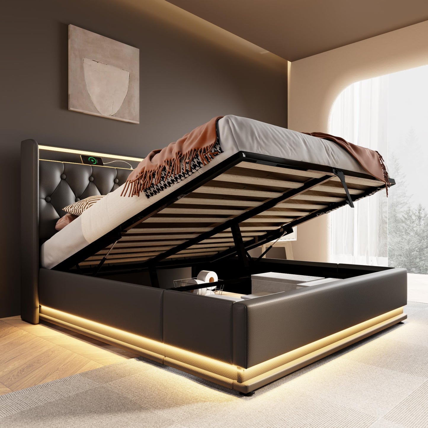 Queen Lift Up Bed with Charging Station & LED Lights, Upholstered Bed Frame with Modern Wingback Storage Headboard, Hydraulic Storage, Wood Slats Support, No Box Spring Needed, Easy Assembly, Black