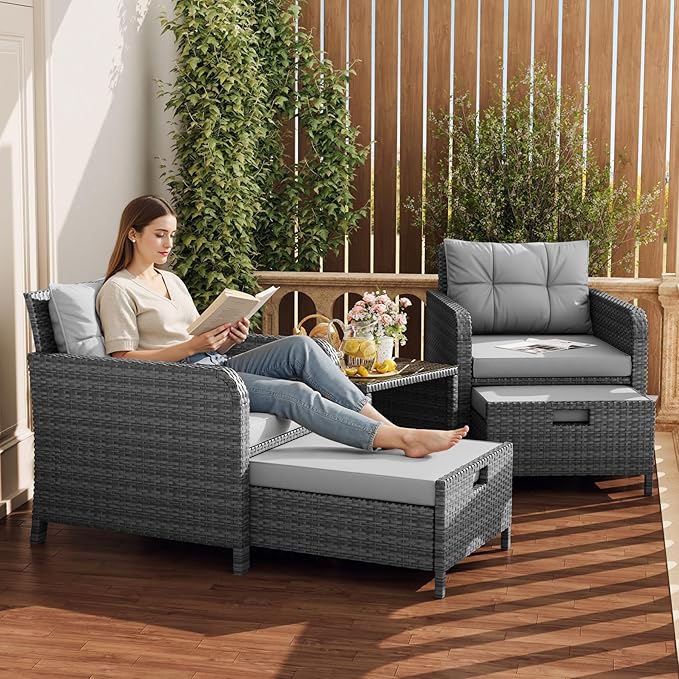 LHBcraft 5 Piece Patio Conversation Set Outdoor Patio Chairs with Ottomans Balcony Furniture with Soft Cushions & Coffee Table for Poolside Garden Balcony, Grey